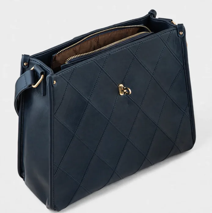 Navy Blue Quilted Shoulder Bag with Gold Bar Closure photo 2