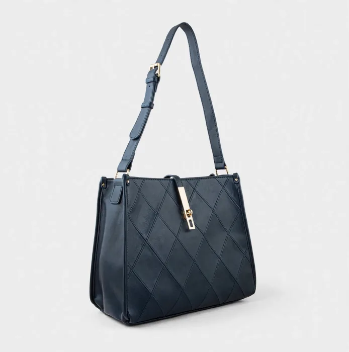 Navy Blue Quilted Shoulder Bag with Gold Bar Closure photo 3