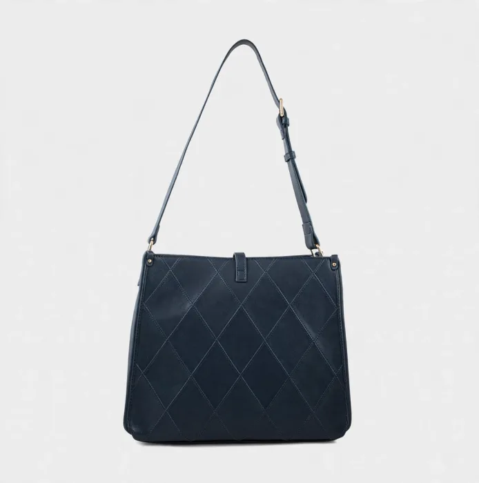 Navy Blue Quilted Shoulder Bag with Gold Bar Closure photo 4