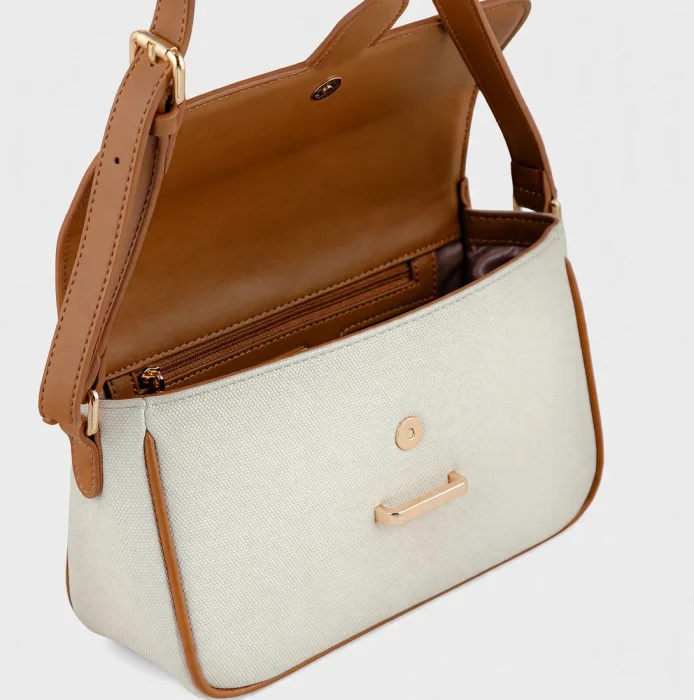 Modern Womens Beige Tan Canvas Shoulder Flap Bag photo 3