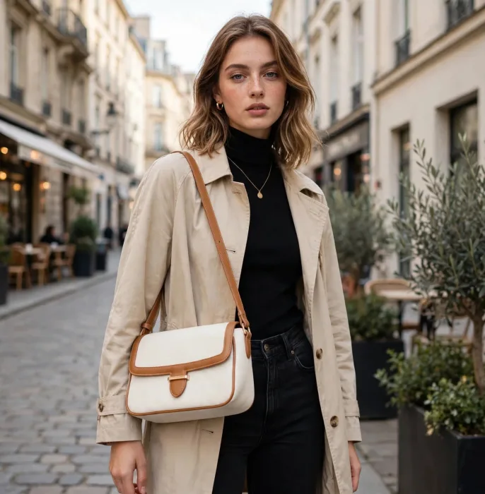 Modern Womens Beige Tan Canvas Shoulder Flap Bag photo 5