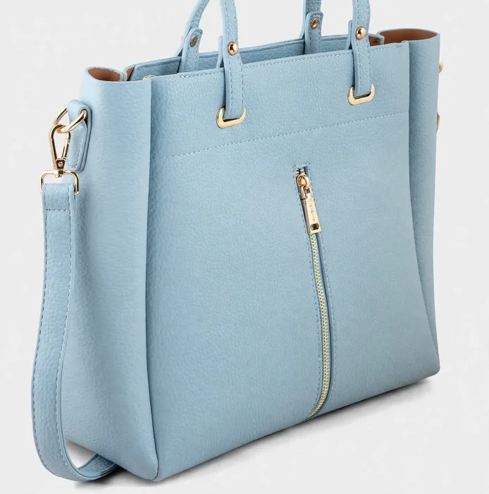 Sky Blue Pebbled Tote Bag with Front Gold Zipper photo 3
