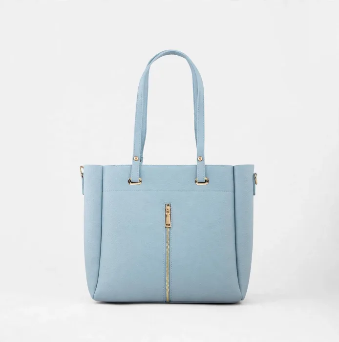 Sky Blue Pebbled Tote Bag with Front Gold Zipper photo 4