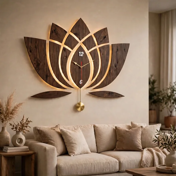 Modern Lotus Wall Clock Large With Light Art photo 2