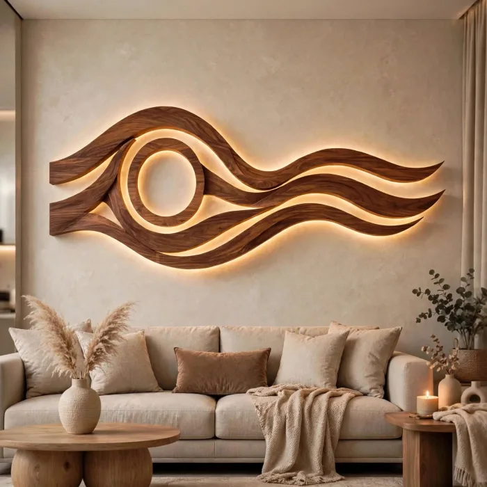 Modern Large Wooden LED Wall Art Sculpture Decor photo 2