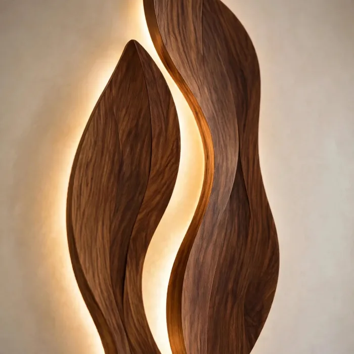 Sculptural Wall Light Art | Modern Wooden Wall Decor | LED Wall Sculpture | Living Room Wall Art | Minimalist Japandi Wall Lighting photo 3