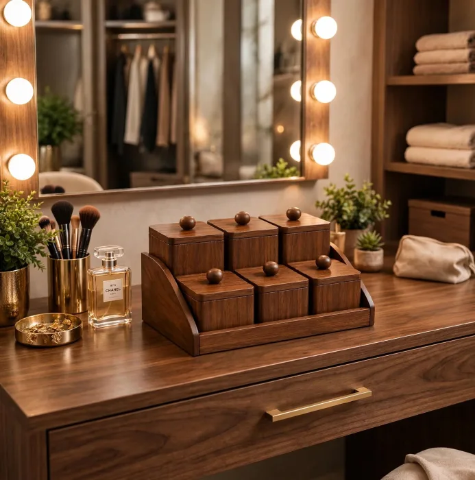 Bathroom Counter Organizer with 6 Lidded Boxes | Dressing Room Organizer | Vanity Storage Box Set | Makeup Organizer for Bedroom photo 2