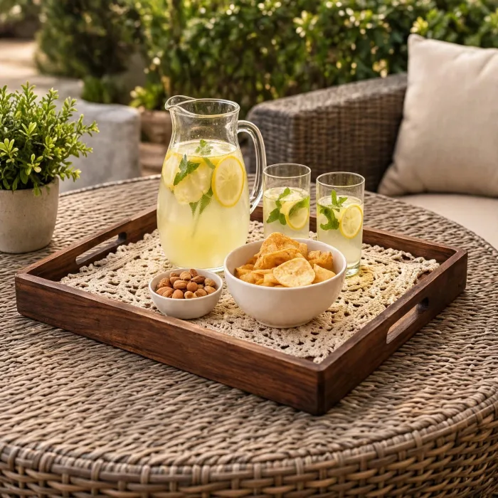 Set of 3 Nesting Serving Trays with Handles | Decorative Coffee Table Tray Set | Ottoman Tray for Living Room | Boho Crochet Serving Tray | Rustic Breakfast Tray photo 3
