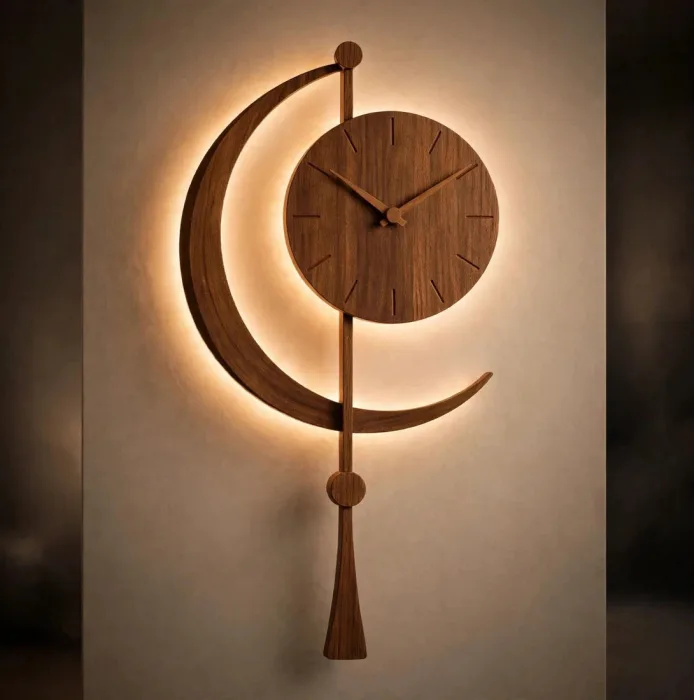 Modern Crescent Moon Wall Clock with Light, Minimalist Wall Clock, Decorative Moon Clock for Living Room, Unique Light Up Wall Clock photo 3