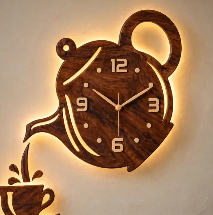 Large Teapot Wall Clock With Light Modern Decor photo 3