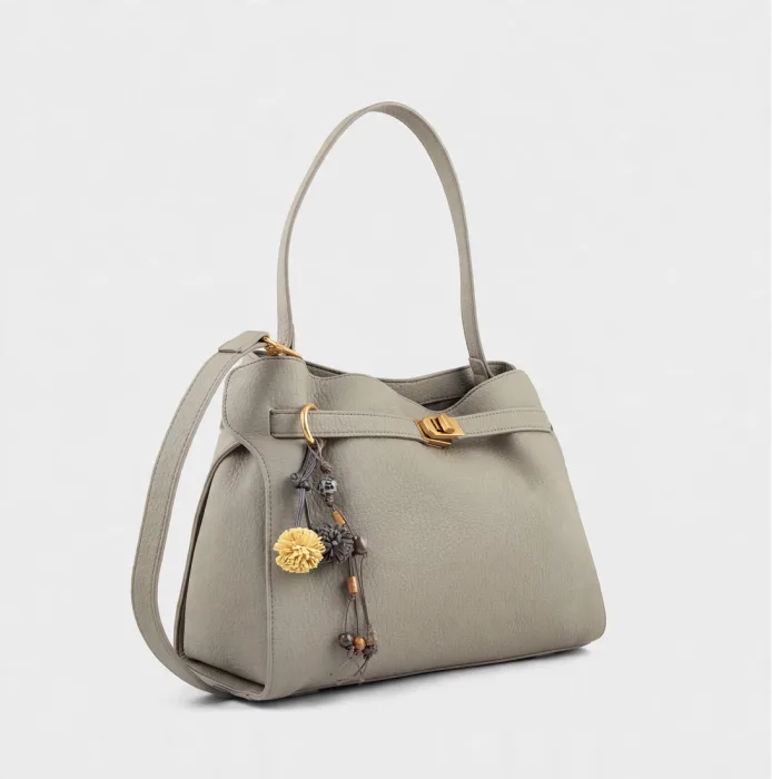 Stylish Grey Shoulder Tote Bag With Gold Buckle Charms photo 3