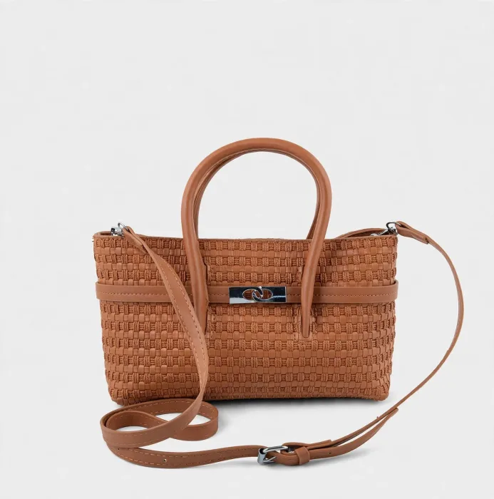 Tan Woven Basketweave Mini Tote Bag with Crossbody Strap photo 3