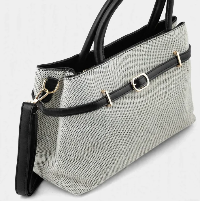 Beige Canvas Tote Bag with Black Belt Strap photo 3