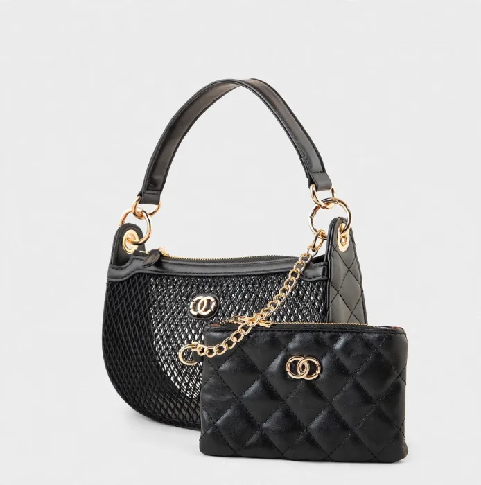 Black Mesh Hobo Shoulder Bag with Chain Strap photo 3