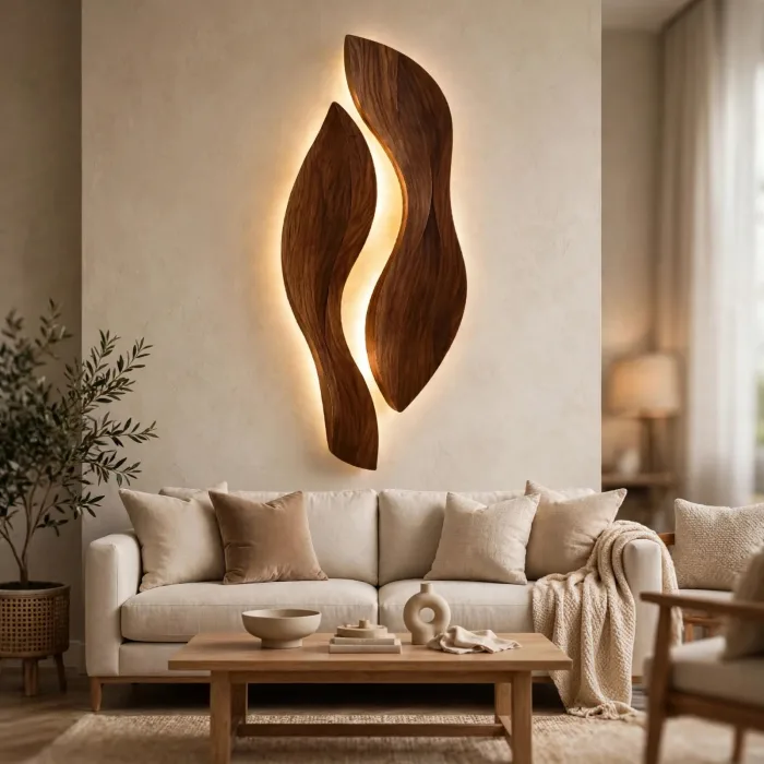 Sculptural Wall Light Art | Modern Wooden Wall Decor | LED Wall Sculpture | Living Room Wall Art | Minimalist Japandi Wall Lighting photo 4