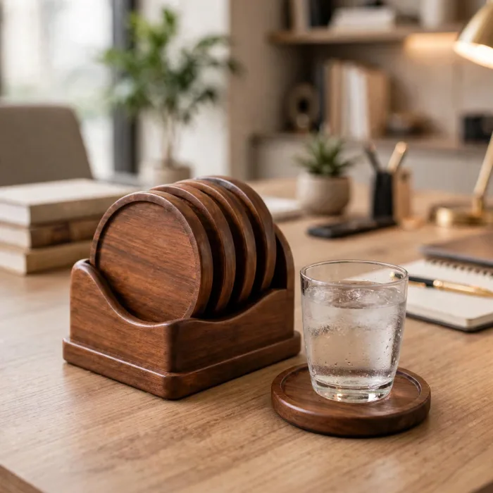 Set of 6 Round Drink Coasters with Holder | Modern Coffee Table Coasters | Housewarming Gift | Minimalist Home Decor Coaster Set photo 4