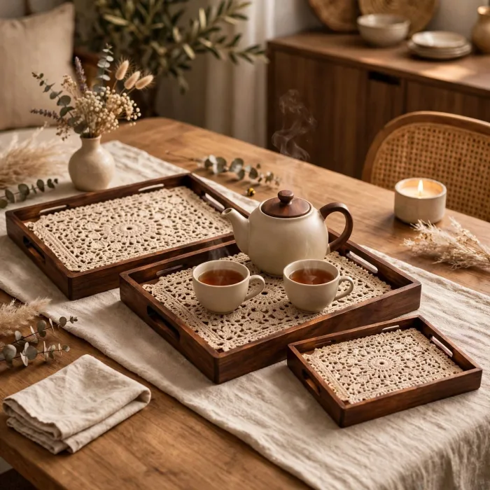 Set of 3 Nesting Serving Trays with Handles | Decorative Coffee Table Tray Set | Ottoman Tray for Living Room | Boho Crochet Serving Tray | Rustic Breakfast Tray photo 4