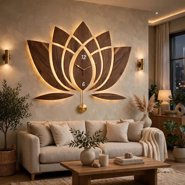 Large Lotus Flower Wall Clock | Illuminated Wall Clock | Lotus Pendulum Wall Clock | Zen Wall Decor | Modern Boho Wall Art | Large Statement Clock photo 4