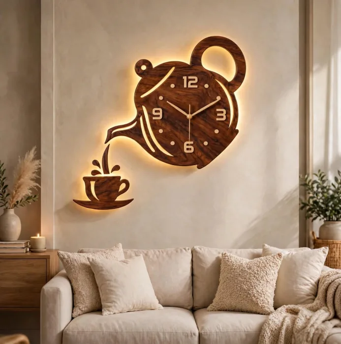 Large Teapot Wall Clock With Light Modern Decor photo 4
