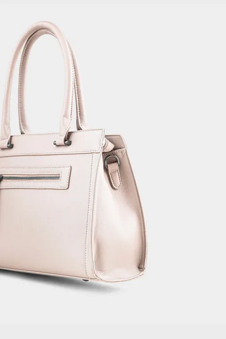 Minimalist Blush Beige Faux Leather Work Tote Front Zip Pocket photo 4