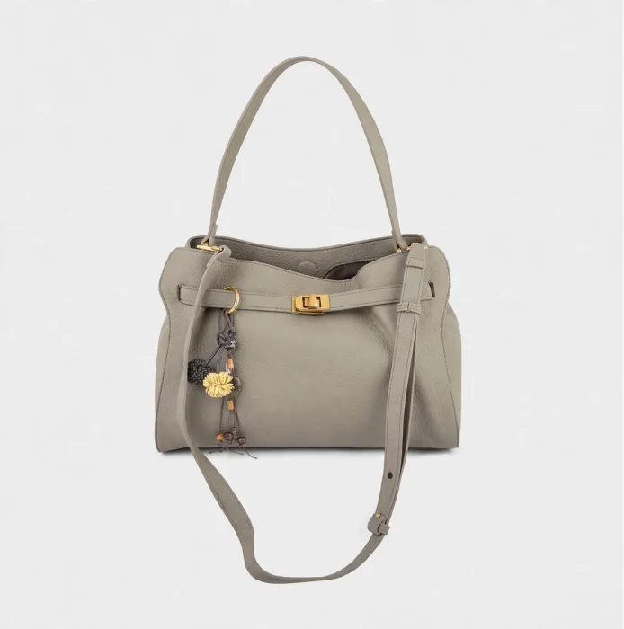Stylish Grey Shoulder Tote Bag With Gold Buckle Charms photo 4
