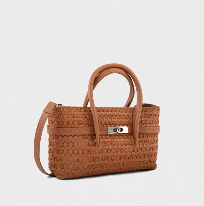 Tan Woven Basketweave Mini Tote Bag with Crossbody Strap photo 4
