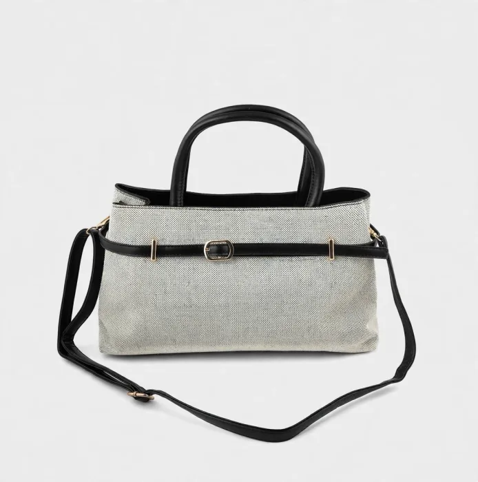 Beige Canvas Tote Bag with Black Belt Strap photo 4