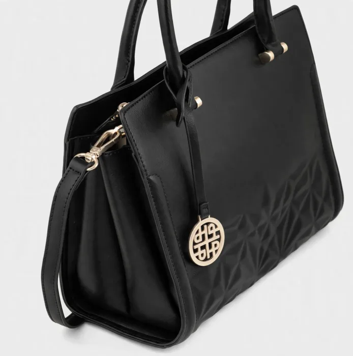 Black Structured Tote Bag with Gold Charm and Strap photo 4