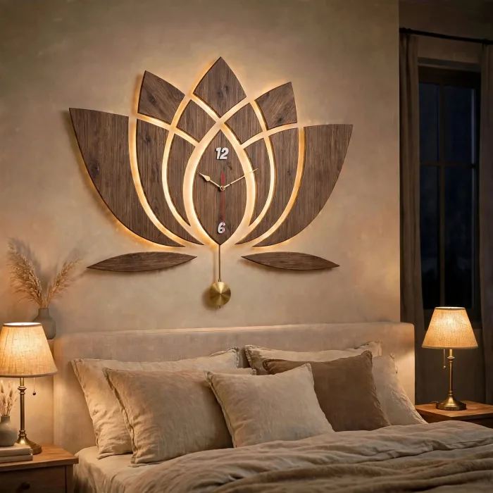 Modern Lotus Wall Clock Large With Light Art photo 4
