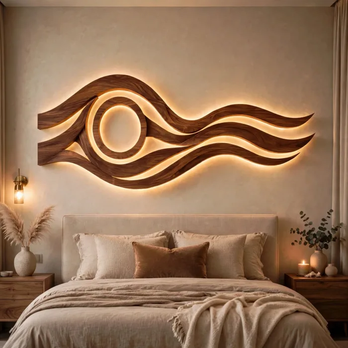 Modern Large Wooden LED Wall Art Sculpture Decor photo 4