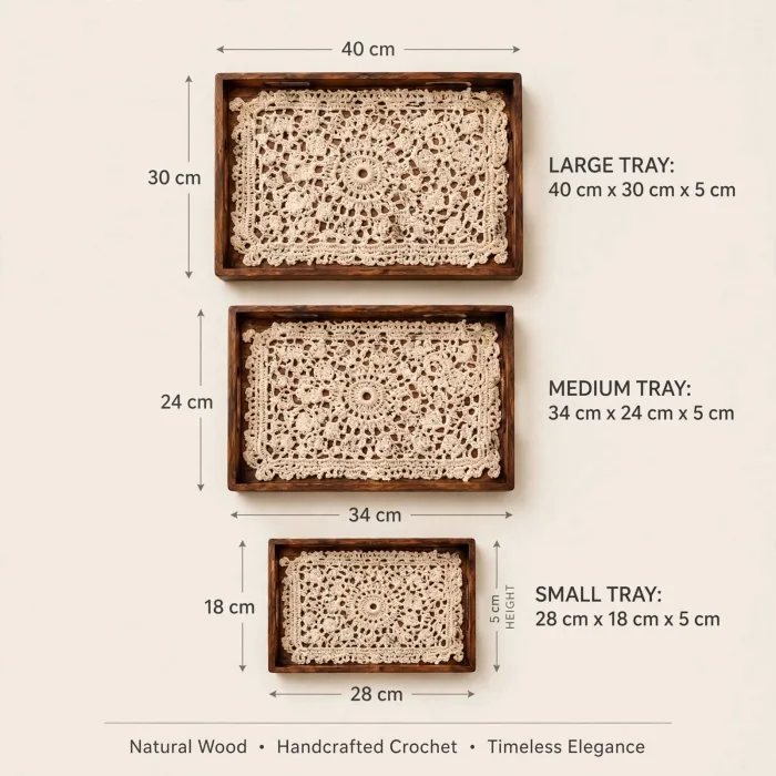 Set of 3 Nesting Serving Trays with Handles | Decorative Coffee Table Tray Set | Ottoman Tray for Living Room | Boho Crochet Serving Tray | Rustic Breakfast Tray photo 5