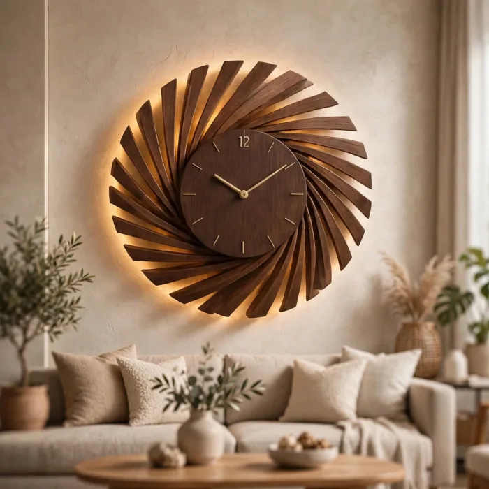 Large Sunburst Wall Clock with Light, Oversized Modern Decorative Wall Clock, Spiral Wall Art Clock, Living Room Statement Clock, Silent Mid Century Clock photo 5