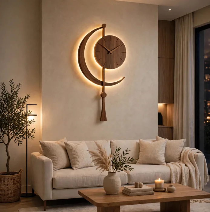 Modern Crescent Moon Wall Clock with Light, Minimalist Wall Clock, Decorative Moon Clock for Living Room, Unique Light Up Wall Clock photo 5