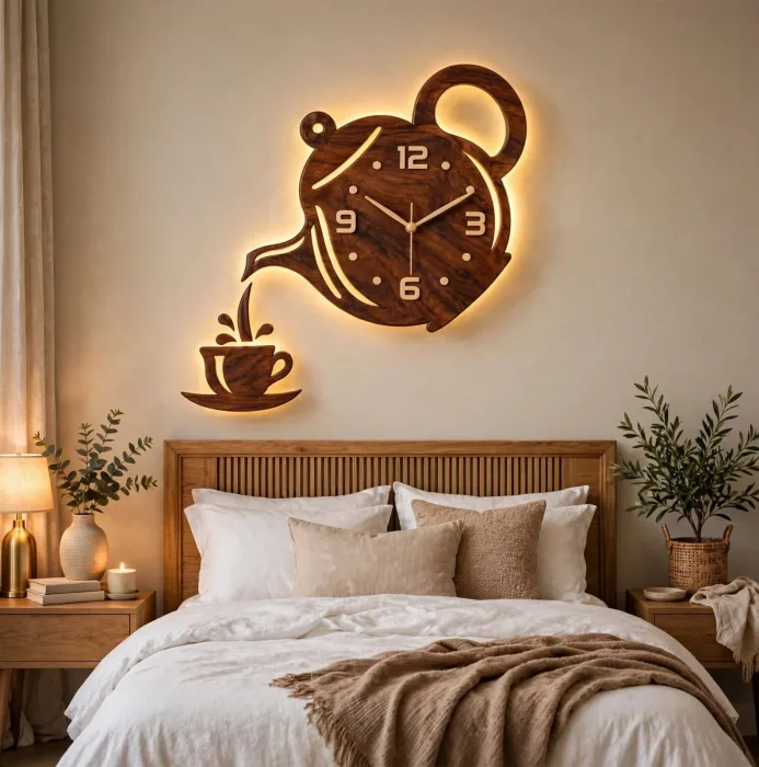 Large Teapot Wall Clock With Light Modern Decor photo 5