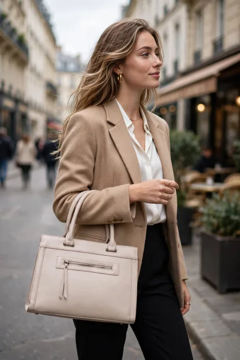 Minimalist Blush Beige Faux Leather Work Tote Front Zip Pocket photo 5