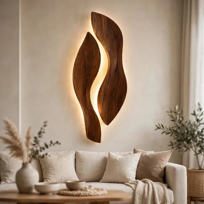 Sculptural Wall Light Art | Modern Wooden Wall Decor | LED Wall Sculpture | Living Room Wall Art | Minimalist Japandi Wall Lighting photo 6