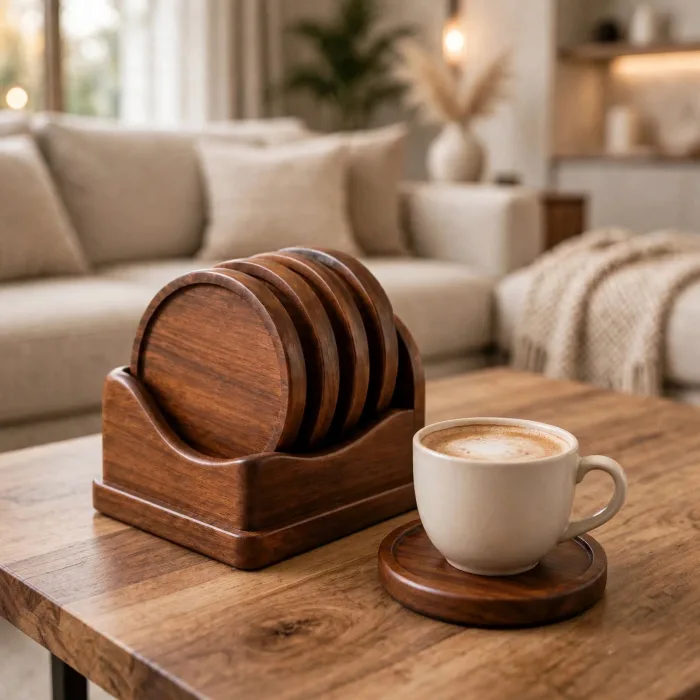 Set of 6 Round Drink Coasters with Holder | Modern Coffee Table Coasters | Housewarming Gift | Minimalist Home Decor Coaster Set photo 6