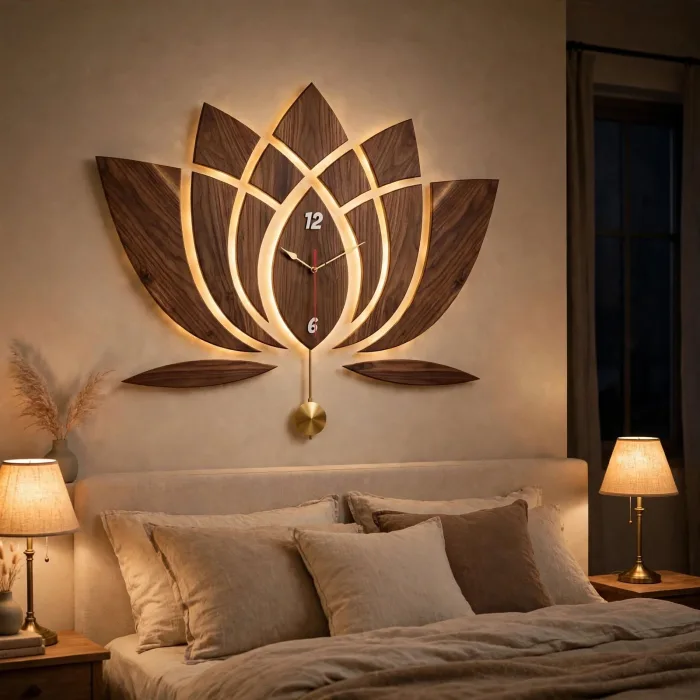 Large Lotus Flower Wall Clock | Illuminated Wall Clock | Lotus Pendulum Wall Clock | Zen Wall Decor | Modern Boho Wall Art | Large Statement Clock photo 6