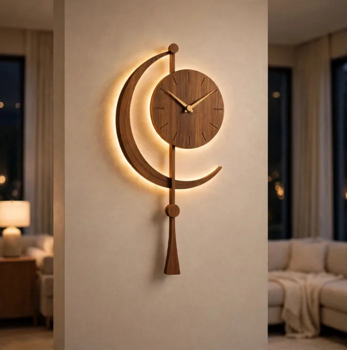 Modern Crescent Moon Wall Clock with Light, Minimalist Wall Clock, Decorative Moon Clock for Living Room, Unique Light Up Wall Clock photo 6
