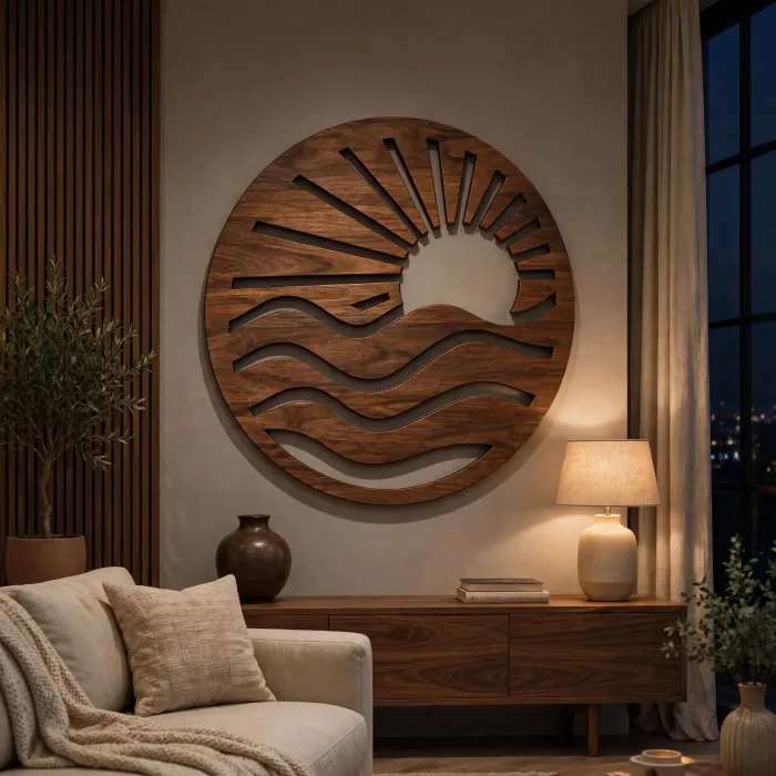 Sunrise Wall Art with Light | Round Sun and Wave Wall Decor | Boho Lighted Wall Hanging photo 6