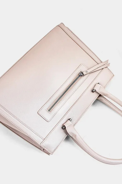 Minimalist Blush Beige Faux Leather Work Tote Front Zip Pocket photo 6