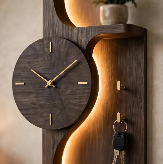 Modern Wall Clock With Entryway Shelf Organizer photo 6