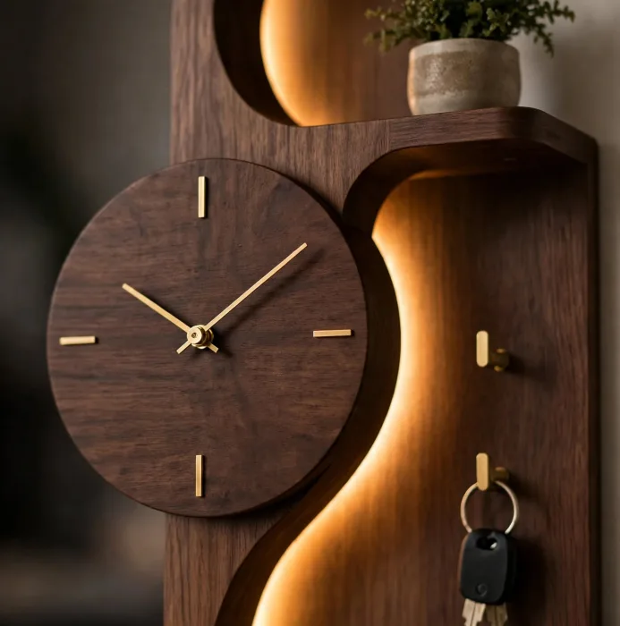 Modern Wall Clock with Shelves & Entryway Organizer | Floating Wall Shelf with Hooks, Wireless Charging Station | Wall Decor Clock photo 7