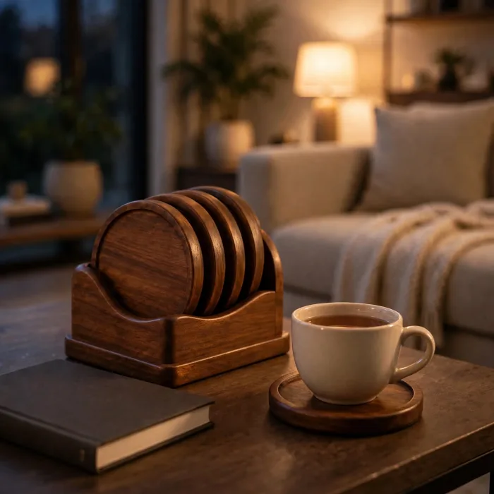 Set of 6 Round Drink Coasters with Holder | Modern Coffee Table Coasters | Housewarming Gift | Minimalist Home Decor Coaster Set photo 7
