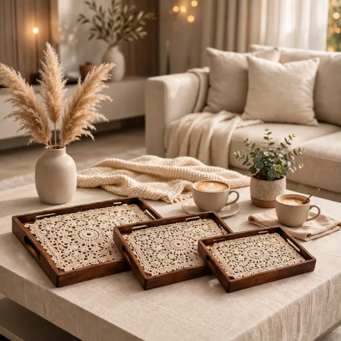 Set of 3 Nesting Serving Trays with Handles | Decorative Coffee Table Tray Set | Ottoman Tray for Living Room | Boho Crochet Serving Tray | Rustic Breakfast Tray photo 7