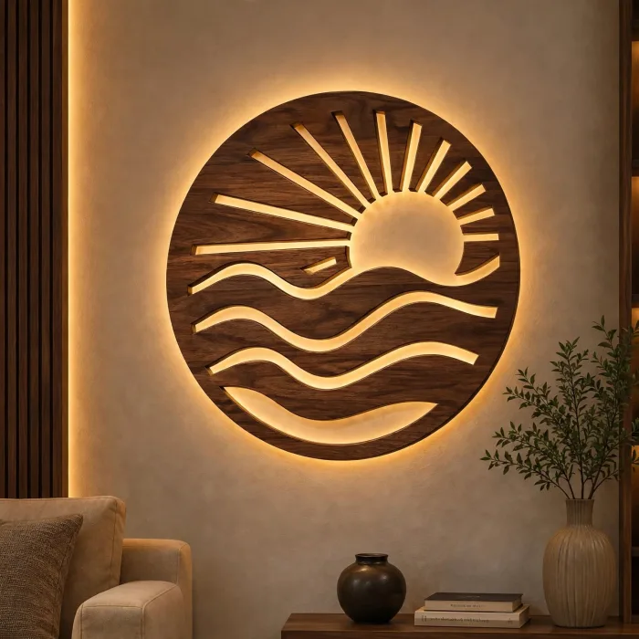 Sunrise Wall Art with Light | Round Sun and Wave Wall Decor | Boho Lighted Wall Hanging photo 7