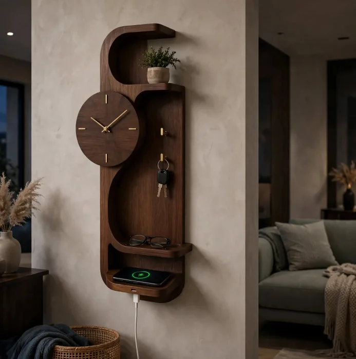 Modern Wall Clock with Shelves & Entryway Organizer | Floating Wall Shelf with Hooks, Wireless Charging Station | Wall Decor Clock photo 8